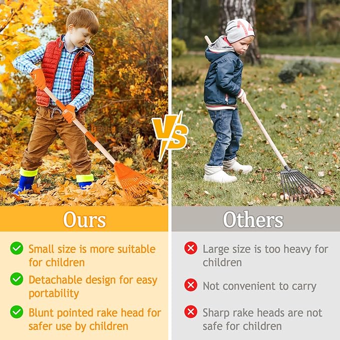 4 Pcs 35'' Kids Rakes for Leaves - Plastic Rake Head with 4 Pairs Kids Gloves, Small Kids Lawn Rakes Detachable Wooden Handle, Autumn Garden Tool Set for Kids Boys and Girls, Orange, 3yr+