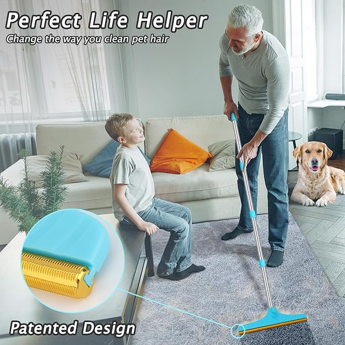 Carpet Rake for Pet Hair Removal - Reusable Pet Hair Remover, 60” Adjustable Long Handle Cat Dog Carpet Rake Scraper with Patented Design, Dog Hair Rake Brush for Rugs, Mats, Couch