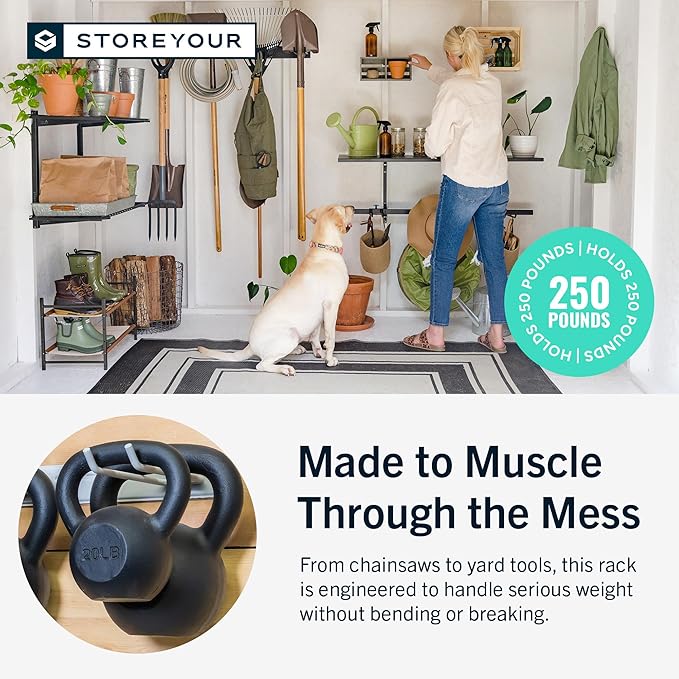 StoreYourBoard Wall-Mounted Rack With 4 Garage Hooks – Heavy-Duty Steel Holder Garage & Garden Storage for Shed, Workshop, or Home Organization – For Rakes, Shovels, Tools & More – 2 Pack, Black