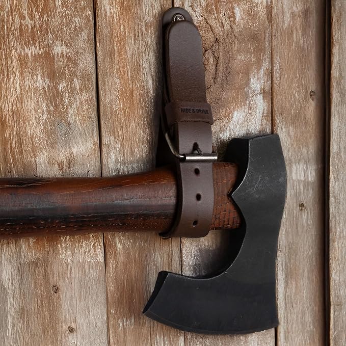 Leather Wall Hanging Straps, Set of 2, Buckle Closure for Axes, Hatchets & Tools, Heavy Duty Tool Hangers, Garage Storage Organization, Axe Mount Holders, Organizer Hooks