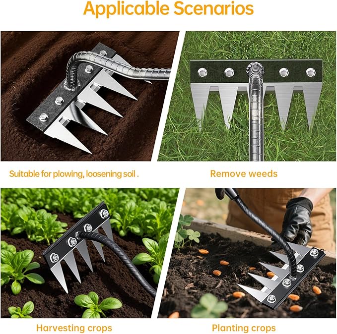 Iron Weeding Rake, 5-Teeth Detachable Gardening Hand Weeder Tool with Ergonomic Grip, Heavy-Duty Hand Weeder Puller Tool for Yard & Lawn & Flowerbeds
