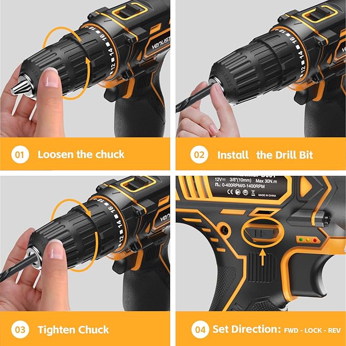 Cordless Drill Set, 12V Power Drill with 2.0Ah Battery and 2-Speed, 30Nm Torque, 25+1 Clutch Settings, 3/8" Keyless Chuck, Yellow Electric Drills for Home DIY, Wood, Metal, Plastic Drilling
