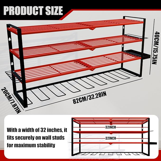 Power Tool Organizer Wall Mount – Metal Cordless Drill Storage Rack with 8 Slots, 4-Tier Adjustable Shelf for Garage, Workshop & Shed Red