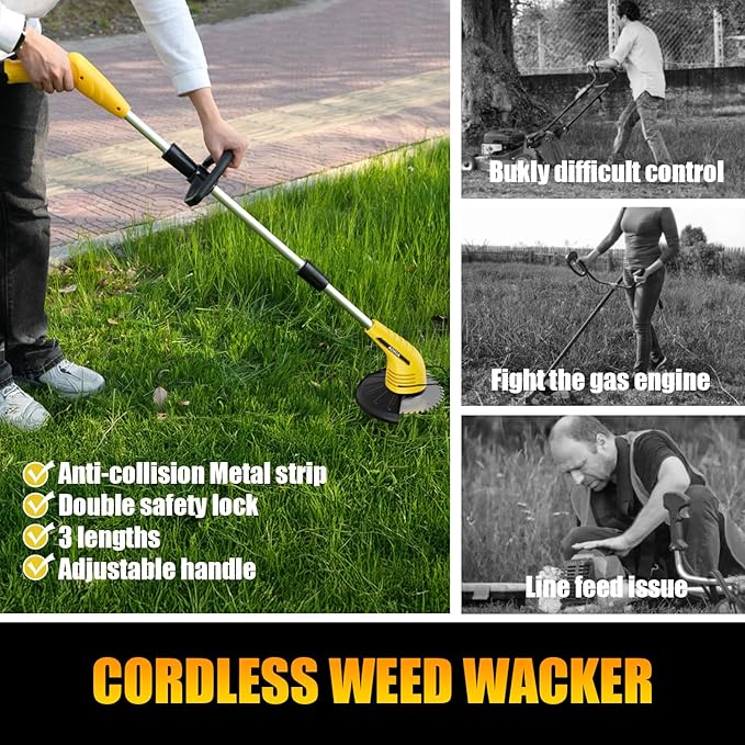 Aokia Cordless Weed Wacker:String Trimmer with 12V Battery Operated - Lightweight Lawn Trimmer, Electric Grass Trimmer Edger with 2 Blades and Extension Rod for Lawn Yard, Yellow