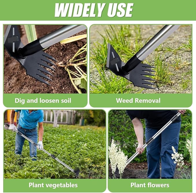 Long Handle Weed Puller Tool, 2-in-1 Handle Garden Hoe and Weed Rake, Adjustable Handle, Hoe Garden Tool for Home Gardens, Lawns, and Yards, Heavy Duty Weed Remover Tool for Gardening Planting