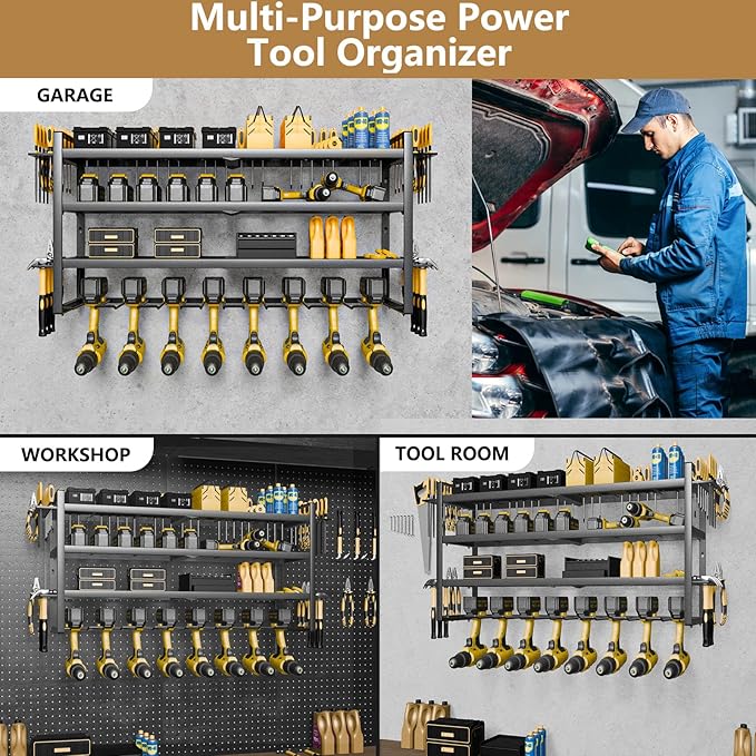 Power Tool organizer, 4 Layer Heavy Duty Metal tool Organizer Loads 260lbs, Garage Wall Organizer 8 Cordless Drill Holder, Wall mounted Tool Organizer for Garage Workshop - 33 Inch