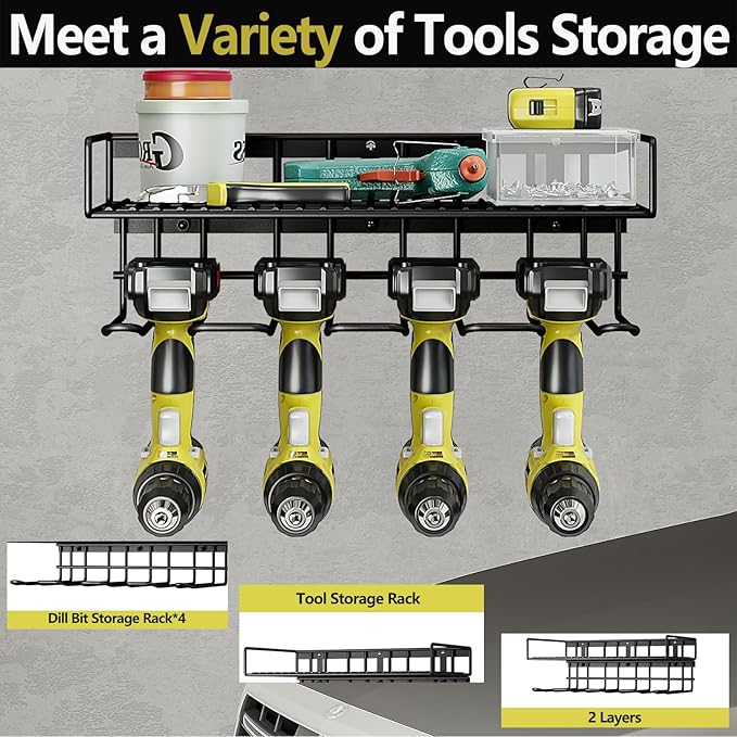 AZERPIAN Tool Organizer Heavy Duty Power Wall Mount for Drill and Cordless Tools Heavy Duty Rack for Garage Organization Workshop Pegboard (1 Layers 4 Slots)