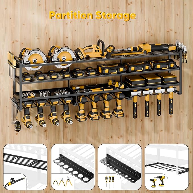 49" W Large Power Tool Organizer Wall Mount Loads 600 lbs, Heavy Duty 4-Tier 12 Drills Holder, Cordless Tool Storage Battery Shelf, Utility Racks for Garage Workshop Shed, Gifts for Men Husband