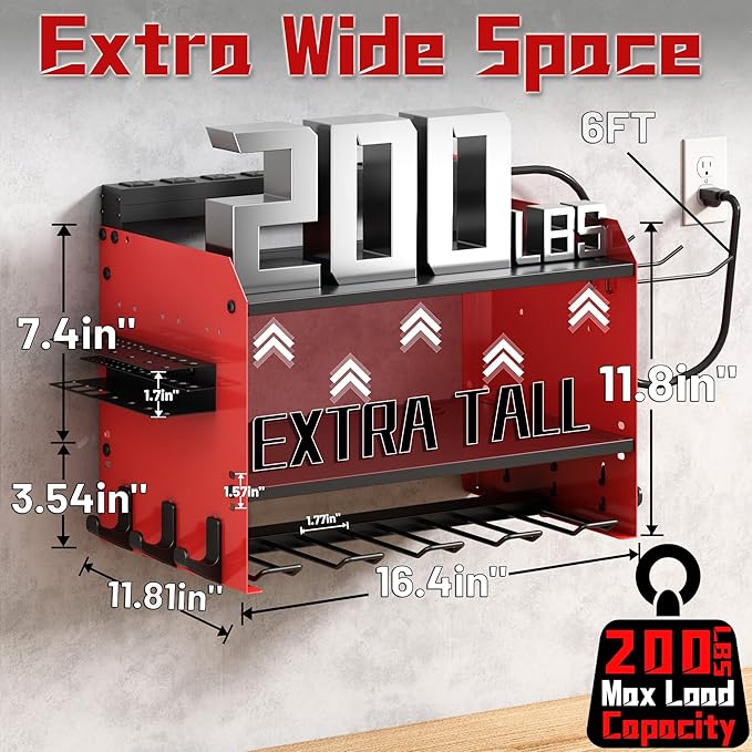 Wide Power Tool Organizer Wall Mount with Charging Station,3 Layer Adjustable Heavy Duty Tool Storage Rack 4 Drills with 8 Outlet Power Strip,Hooks,Screwdriver box,Garage Gifts for Fathers Day,Red