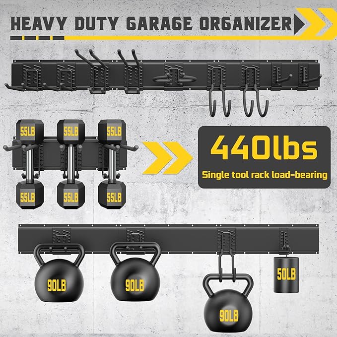 64" Garage Tool Organizer Wall Mount, Garden Tool Organizer, Garages Organizers with Adjustable Hooks, Tool Storage Rack Bearing 440lbs (4 Racks, 12 Hooks, 4 Straps)