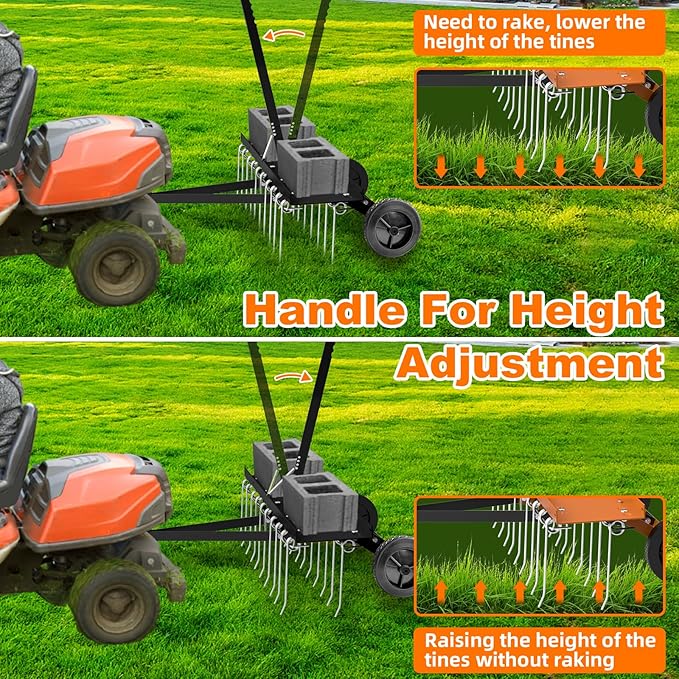 40" Tow Behind Lawn Dethatcher, Pull Behind Rake with 24 Rust-Proof Tines and Heavy Tires, Lawn Tractor Rake with Lift Handle, Black Tow Behind Rakes to Remove Thatch, Leaves from Large Lawn Area