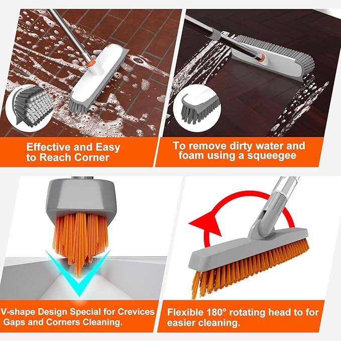 Heavy Duty Floor Scrub Brush and Grout Cleaner Set with Long Handle & Wide Floor Brush with Stiff Bristles Outdoor Scrubber for Cleaning Deck Tile Kitchen Swimming Pool Bathroom(2 Pack Brush Head)