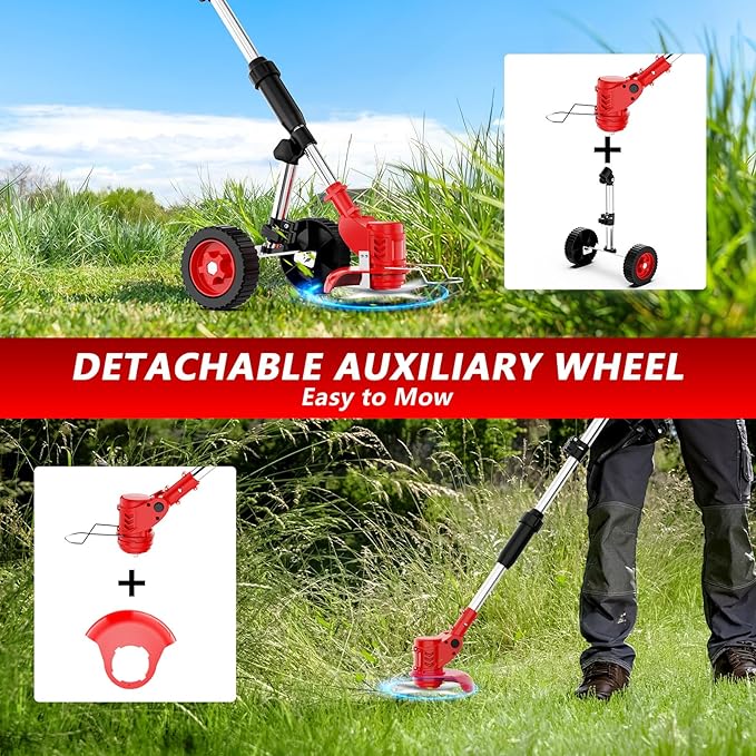 6-inch Cordless String Trimmer with 3 Types of Blades, Electric Grass Trimmer,21V 2×2000mAh Weed Eater Battery Powered,Electric Weed Wacker Cordless with Wheels,Lawn Edger, Mower for Yard,Garden