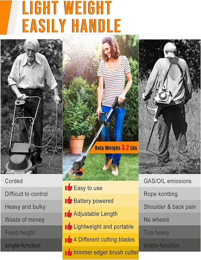 Electric Weed Wacker, 3 in 1 Weed Eater Battery Powered, Grass Trimmer Cordless with 2x21V Batteries & Charger, Lightweight Lawn Trimmer/Edger/Brush Cutter for Yard Garden