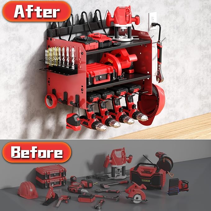 Wide Power Tool Organizer Wall Mount with Charging Station,3 Layer Adjustable Heavy Duty Tool Storage Rack 4 Drills with 8 Outlet Power Strip,Hooks,Screwdriver box,Garage Gifts for Fathers Day,Red