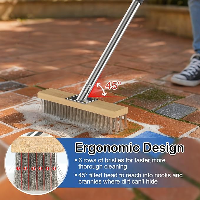 Floor Scrubber Brush, 3-in-1 Deck Brush Kit with Heavy Duty Stainless Steel Wire Scrub Brush, Floor Scrub Broom with 61" Long Handle & Crack Weeder Tool for Concrete Garden Garage