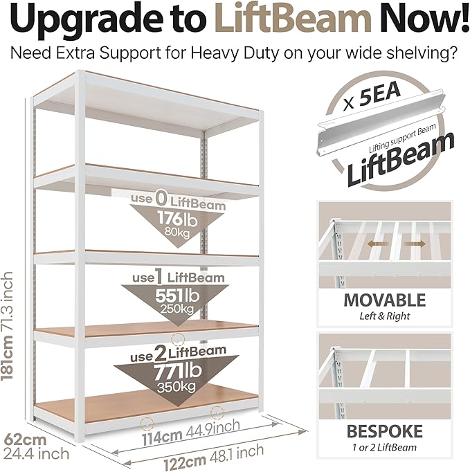 HOMEDANT House Lift-Beam White Boltless Heavy Duty Garage Storage Shelving Adjustable 5-Tier Metal Shelves Laminated Shelf Industrial Utility Rack Pantry 48.1" W x 24.4" D x 71.3" H 2Pack