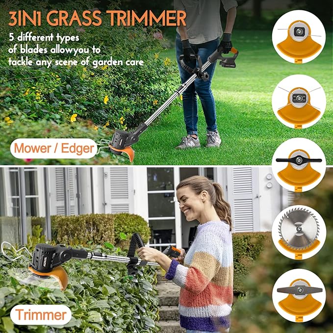 Electric Weed Wacker Cordless: 21V Battery Powered Weed Eater with 2 * 2.0Ah Battery, Charger & 5 Types Blade Lightweight Grass Trimmer for Garden Yard Lawn Work