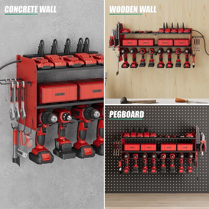 Suchtale Power Tool Organizer Wall Mount with Charging Station,33.2" Garage Storage,8 Drill Holders,3 Layers Heavy Duty Metal Shelf,Built in 8 Outlets Power Strip,Gift for Dad,Men,Red
