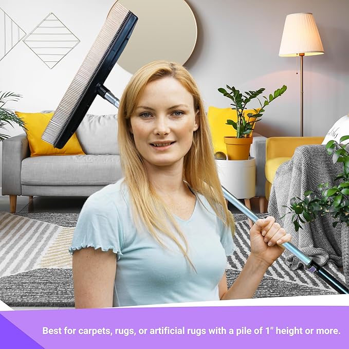 Room Groom PET Carpet Rake Groomer with Telescoping 54 " Adjustable Handle, with Lint Remover Brush Tool, Carpet Brush for Pet Hair and Refreshing Carpets, (Black/Purple)