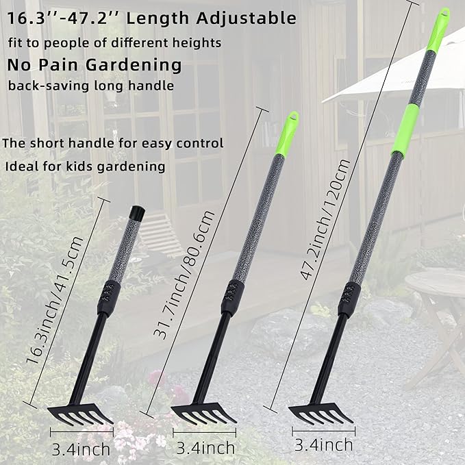 Hand Rake, Adjustable Handle Garden Small Rake Garden Tool, Heavy Duty Hand Tiller Cultivator with Soft Foam Grip, Mini Rakes for Weeding Tilling Soil Loosing Planting
