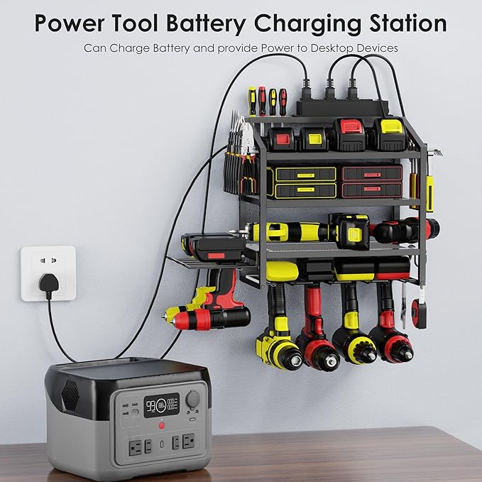 Power Tool Organizer Wall Mount with Charging Station, 4 Layer Storage Rack and Tool Holder for Garage Organization, 6 Drill Holder Wall Mount, 4 Hooks and 6 Outlet Power Strip, Great Men's Gift