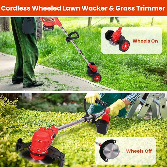 Cordless Weed Wacker, 2x2.5Ah Battery Powered Grass Trimmer, Electric Weed Eater with Wheels, 3-in-1 Electric Lawn Edger with 3 Types Blades Brush Cutter for Garden, Yard