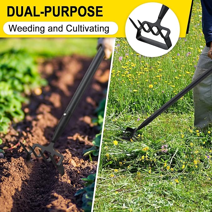Garden Hoe, Cultivator Stirrup Hoe Garden Tool for Weeding, 73 Inch Heavy Duty Hula Hoe with Adjustable Long Handle, Scuffle Loop Hoe with Rake 2-in-1 Gardening Tool for Loosening Pulling Weed
