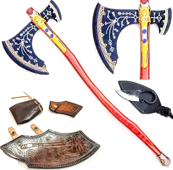 Kraatos War Axe Viking Battle Axe, Replica Ax - Handmade Forged Stainless Steel Axe Prop Tool with Viking Axe Hatchet, Solid Wood Handle Skarde, Seax Men's Gift