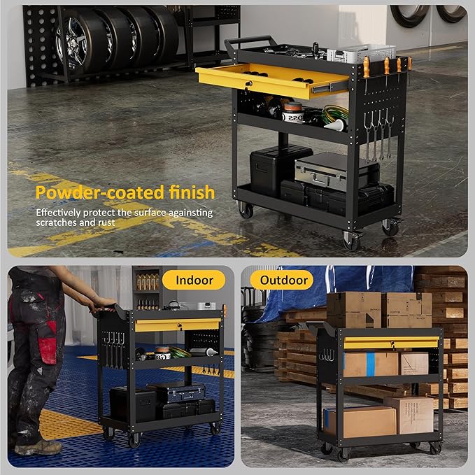 3 Tier Rolling Tool Cart on Wheels, Heavy Duty Utility Cart, Work Cart with Drawers and Pegboards, 440 LBS Loading Capacity Tool Storage Trolley for Mechanic, Garage, Workshop