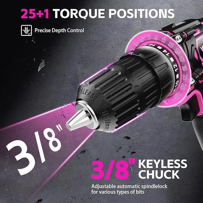 Cordless Drill Set, 12V Power Drill with 2.0Ah Battery and 2-Speed, 30Nm Torque, 25+1 Clutch Settings, 3/8" Keyless Chuck, Pink Electric Drills for Home DIY, Wood, Metal, Plastic Drilling