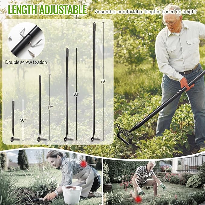 Garden Hoe, Heavy Duty Stirrup Hoe with 30-63" Adjustable Long Handle, Hula Hoe Garden Tool for Weeding, Double Action Scuffle Loop Hoe with Cultivator Rake for Loosening Soil for Gardening