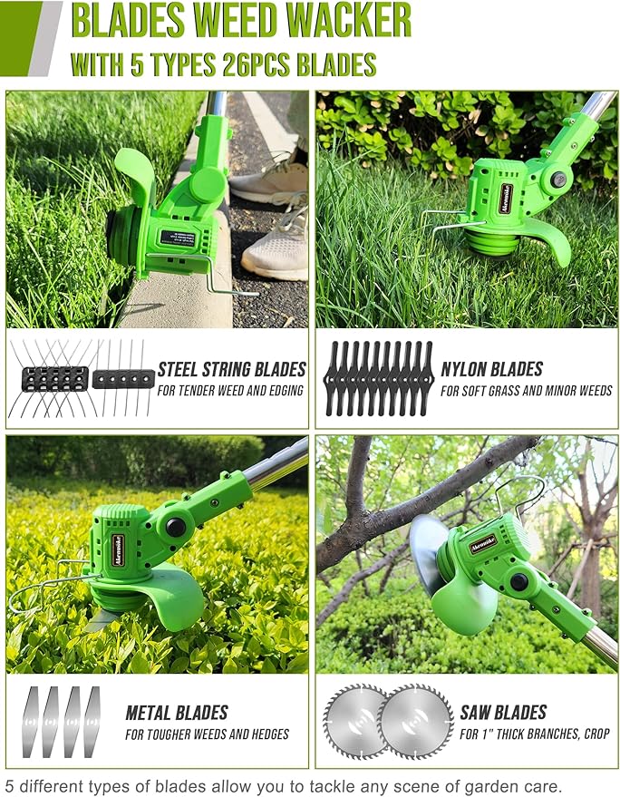 Electric Weed Wacker Cordless: 21V Weed Eaters Battery Powered with 2 Batteries & Charger, Stringless Metal Blade Weed Trimmer 3 in 1 Grass Trimmer/Edger/Brush Cutter for Lawn Yard Garden