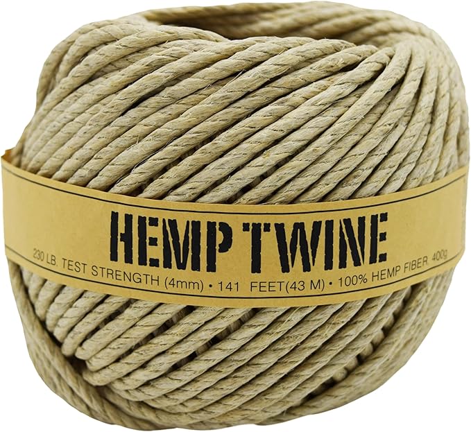Hemp Twine for Gardening - Twine for Crafts - Organic Natural Hemp String for Jewelry Making - Strong Durable Cord for Decoration, Macrame + Cooking - 4MM 400G/140 Ft. - 230 lb Test Strength - Natural