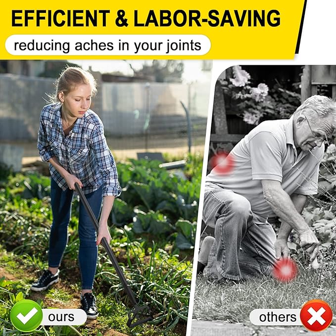 Garden Hoe, Heavy Duty Hula Hoe Garden Tool for Weeding, 62 Inch Cultivator Stirrup Hoe with Adjustable Long Handle, Action Scuffle Loop Hoe with Rake 2-in-1 Gardening Tool for Loosening Pulling Weed