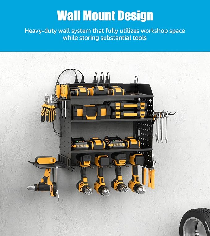 CCCEI Modular Power Tools Organizer with USB Charging Station, 4 Layer Drills and Battery Storage Wall Mount, Garage Shop Organization, Anniversary, Birthday, Gifts for Men, Father, 6FT Cord, Black.