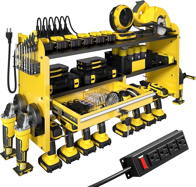 KSVO Power Tool Organizer Wall Mount with Drill Rack, Grinder Holder, Hammer & Pliers Rack, Locking Drawers, 6-Outlet Charging Shelf – Heavy Duty Metal Tool Storage for Garage, Workshop (Yellow)