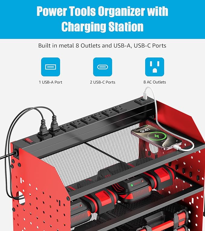 CCCEI Modular Power Tools Organizer with USB Charging Station, 4 Layer Drills and Battery Storage Wall Mount, Garage Shop Organization, Anniversary, Birthday, Gifts for Men, Father, 6FT Cord, Red.