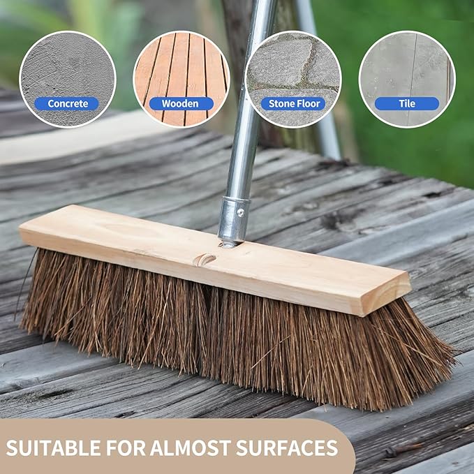 18" Push Broom Outdoor Heavy Duty - 65" Long Handle Large Wide Shop Broom, Commercial Stiff Palmyra Bristle Outside Broom Brush for Sweeping Concrete Floor, Garage, Patio, Shop, Yard, Lawn