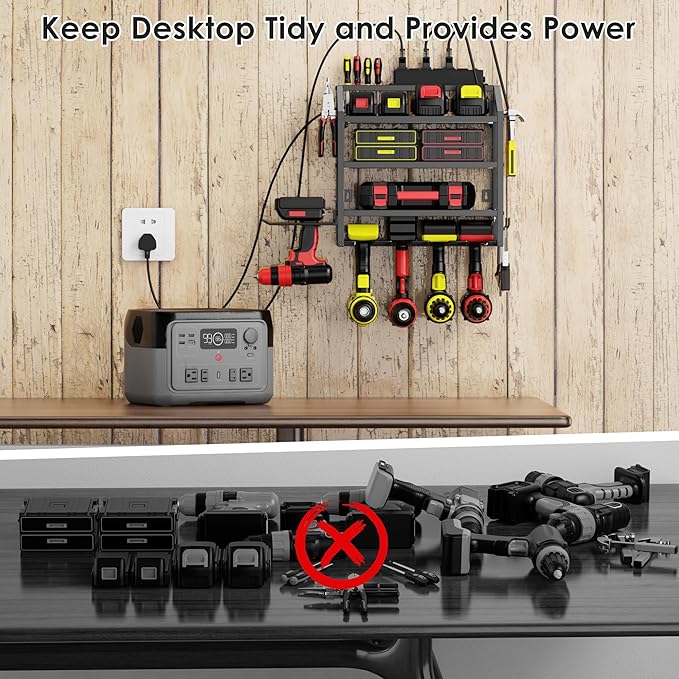Power Tool Organizer Wall Mount with Charging Station, 4 Layer Storage Rack and Tool Holder for Garage Organization, 6 Drill Holder Wall Mount, 4 Hooks and 6 Outlet Power Strip, Great Men's Gift