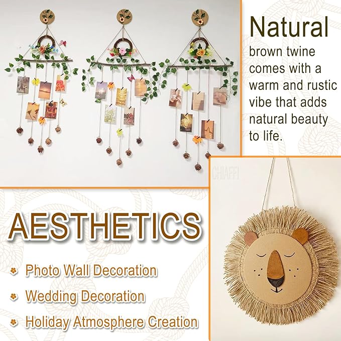 656 Feet 3Ply Jute Twine String, 2mm Natural Brown Thick Twine Rope for Crafts, Gardening, Tomato, Climbing Plant, Tie Floristry, Gift Wrapping Packing, Christmas, Wedding Decor