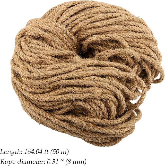 Jute Twine Rope, 8mm Thick, 164 Feet, Hemp Rope for Decorating, DIY Crafts, Garden
