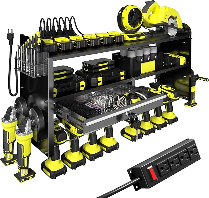 KSVO Power Tool Organizer Wall Mount with Drill Rack, Grinder Holder, Hammer & Pliers Rack, Locking Drawers, 6-Outlet Charging Shelf – Heavy Duty Metal Tool Storage for Garage, Workshop (Black)