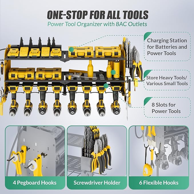 Suchtale Power Tool Organizer Wall Mount,Drill Organizer,33.2" Garage Storage,8 Drill Holders,3 Layers Heavy Duty Metal Shelf with 8 Outlets Power Strip, Gifts for Dad,Husband,Yellow