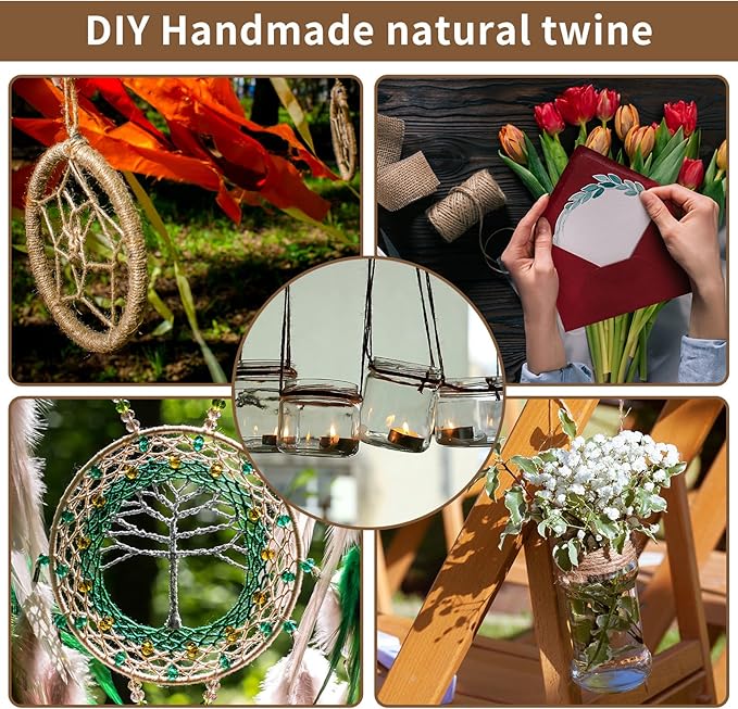 Natural 3mm Jute Twine String, 1000-FT Hemp Rope for Gardening, Handmde Crafts, Climbing Plant Tomato Support, Gift Wrapping, Industrial Packing and Bundling, Home Mason Jars Christmas Wedding Décor