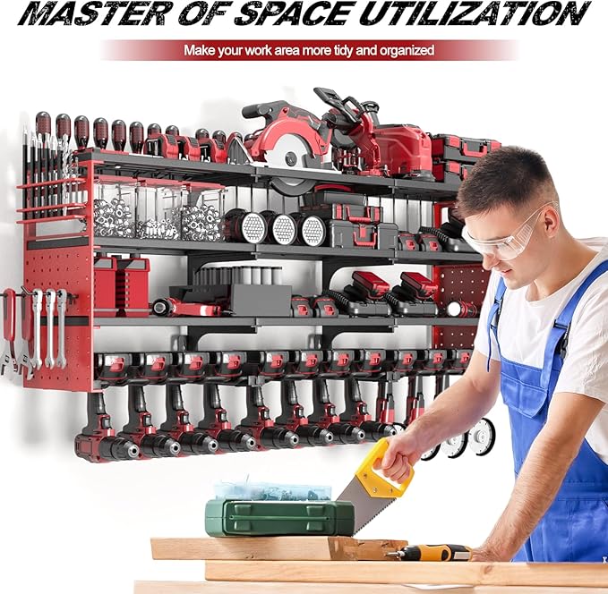 Large Power Tool Organizer Wall Mount, 52" Heavy Duty 4 Tier Garage Storage Shelf with 12 Drill Holder, Power Tool Storage Organizer Loads 480lbs for Garage Organization Warehouse Workshop