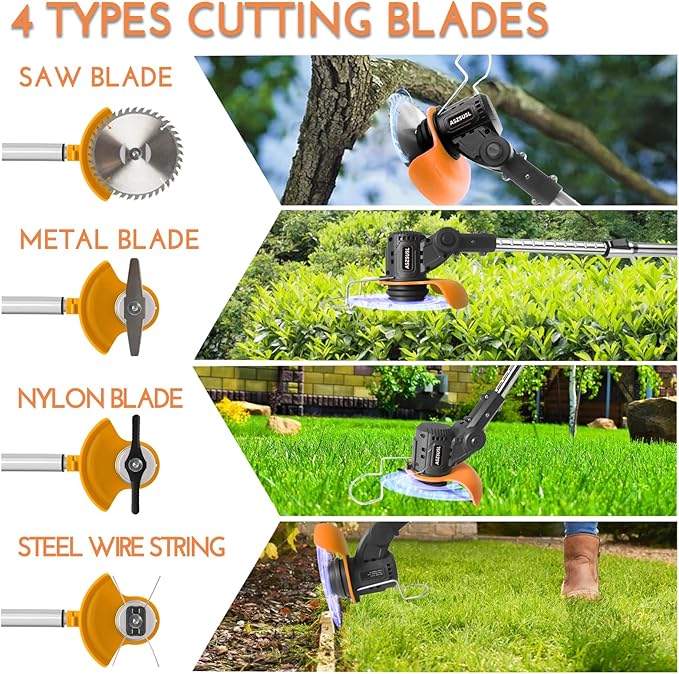 Electric Weed Wacker Cordless: 21V Battery Powered Weed Eater with 2 * 2.0Ah Battery, Charger & 5 Types Blade Lightweight Grass Trimmer for Garden Yard Lawn Work