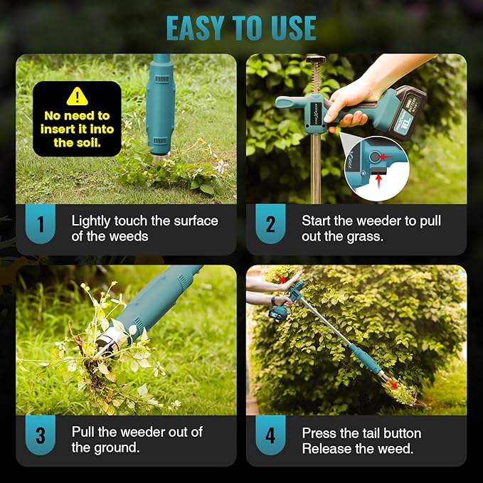 Weed Puller Tool,Electric Stand Up Weed Puller Tool, 21V Battery Powered w/ 2pcs 3000mAh,Heavy Duty 3-Claw Steel Root Weeder,for Dandelion Lawn Garden Yard