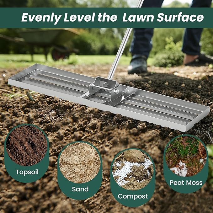 Goplus Lawn Leveling Rake, 42" x 10" Heavy Duty Level Lawn Tool w/ Ergonomic Handle for Soil, Effort-Saving Landscape Rake for Garden, Backyard, Golf Course, Farm, Pasture, Silver