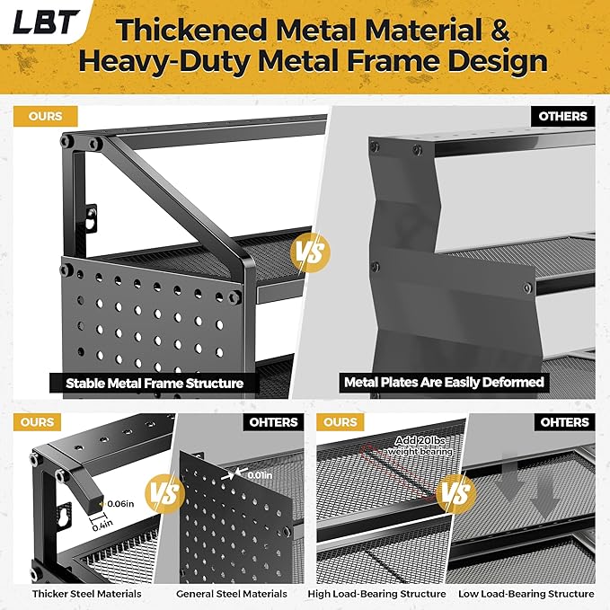 LBT Large Power Tool Organizer Wall Mount with Charging Station, 8 Drill Holder, 4 Layer Heavy Duty Metal Tool Storage Rack, 6 Power Strip, 8 Hooks, 2 Screw Boxes, Cool Gifts for Him Fathers Day